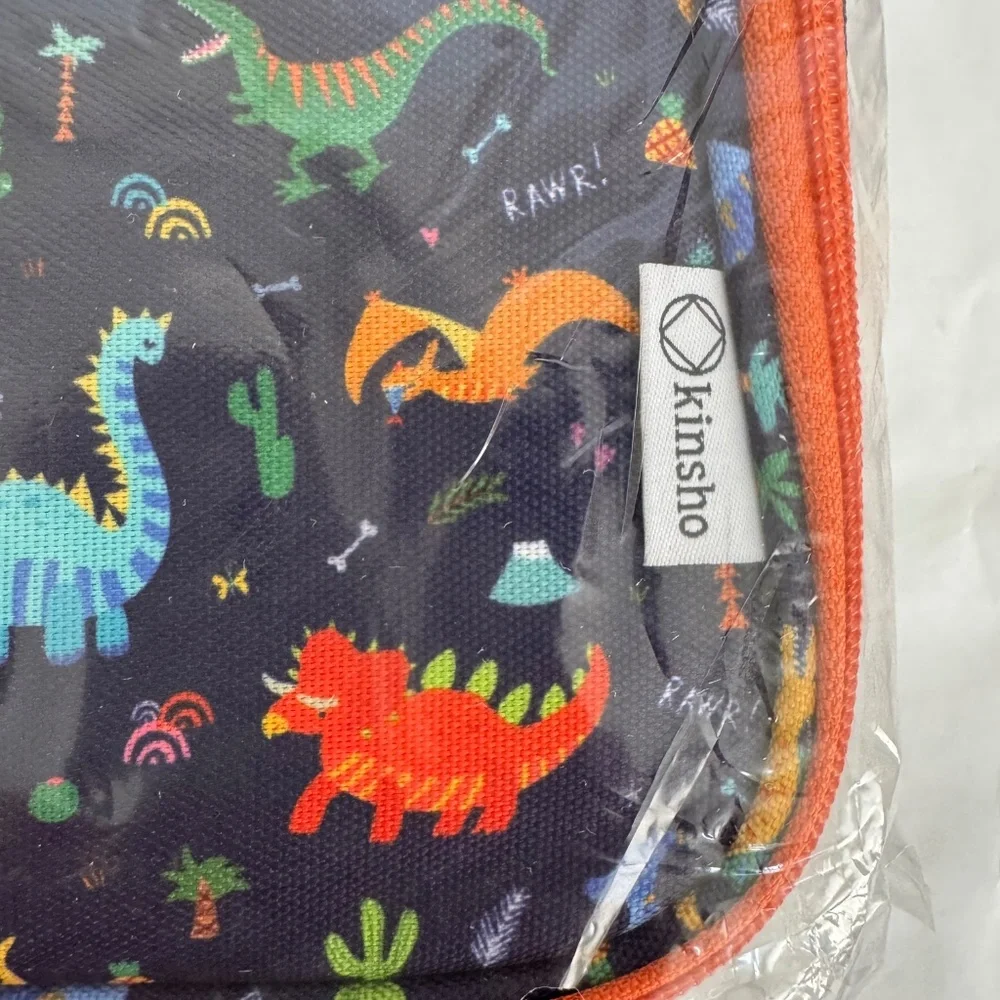 Kinsho Bento Blue Orange Dinosaur Insulated Lining Lunch Box Thermo Ice Pack NEW